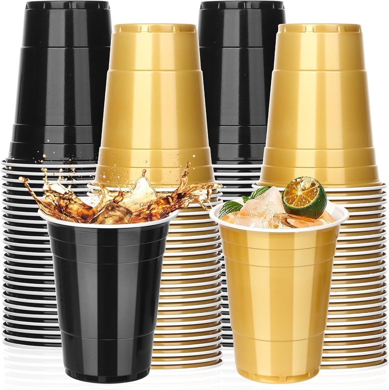 KesaPlan 100PCS 16 oz Plastic Cups Graduation Cups Black and Gold Cups Disposable Party Cups Bulk for Party Graduation Wedding Birthday Family Gatherings and Festive Celebrations - Image 1